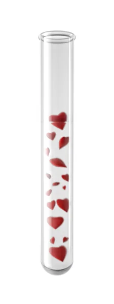 Glass Test Tube with Hearts, isolated on White Background — Stock Photo, Image