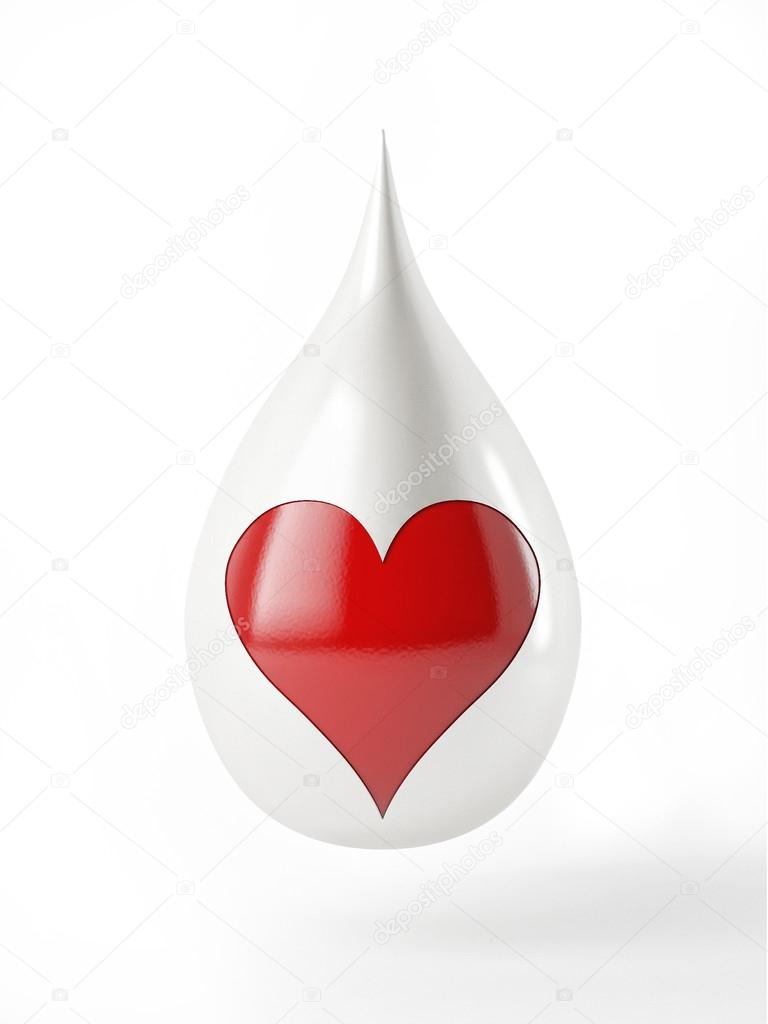 White drop with red hart isolated on white