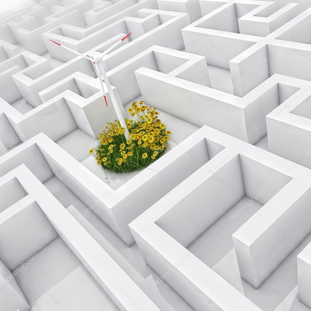 White labyrinth, problem solved, wind turbine with grass and flowers in abstract maze