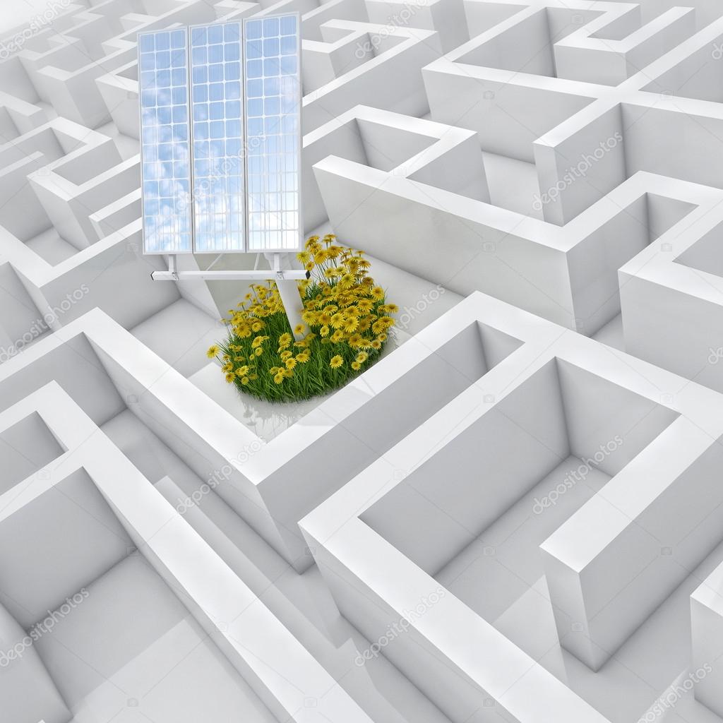 White labyrinth, problem solved, solar panel with grass and flowers in abstract maze