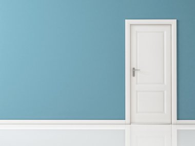 mavi duvar, yansıtıcı zemin üzerinde beyaz kapı kapalı