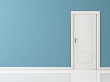 Closed White Door on Blue Wall, Reflective Floor clipart