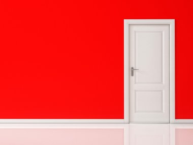 Closed White Door on Red Wall, Reflective Floor
