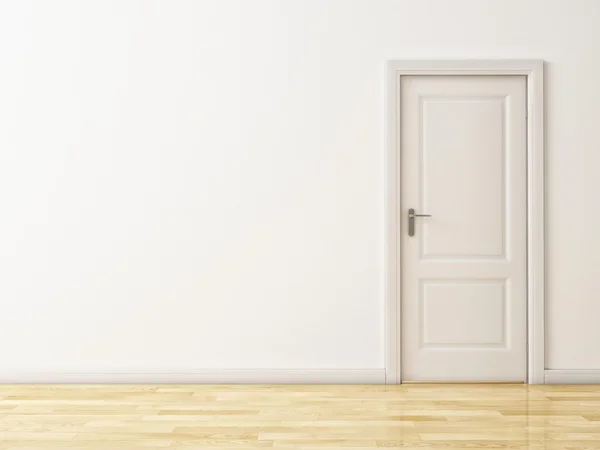 Закрытая белая дверь на белой стене, деревянный отражающий пол — стоковое фото