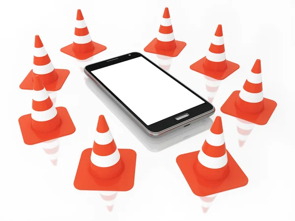 Конуси трафіку з мобільним телефоном з порожнім екраном ізольовані на білому тлі — стокове фото