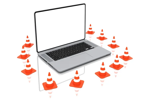 Laptop with Orange Traffic Cones Isolated on White Background — Stock Photo, Image
