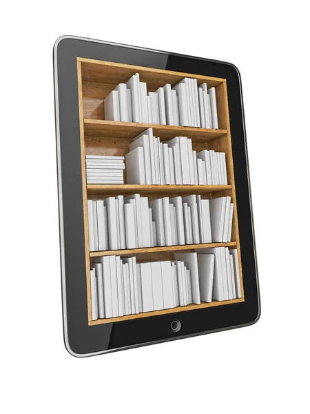 Beyaz arka plan üzerinde izole boş e-kitap ile tablet raf — Stok fotoğraf