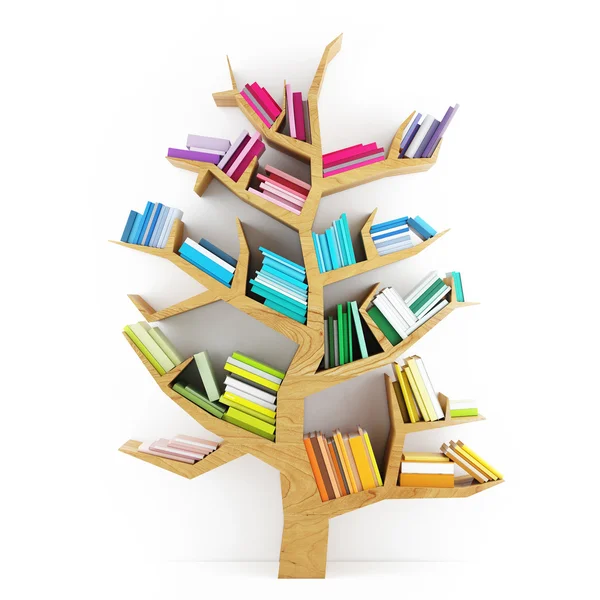 Дерево знаний, деревянная полка с разноцветными книгами, выделенными на белом фоне — стоковое фото