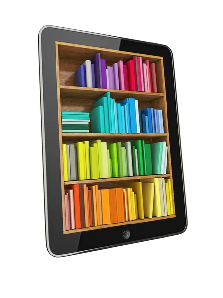 Bibliothèque ordinateur tablette avec e-books multicolores isolés sur fond blanc — Photo