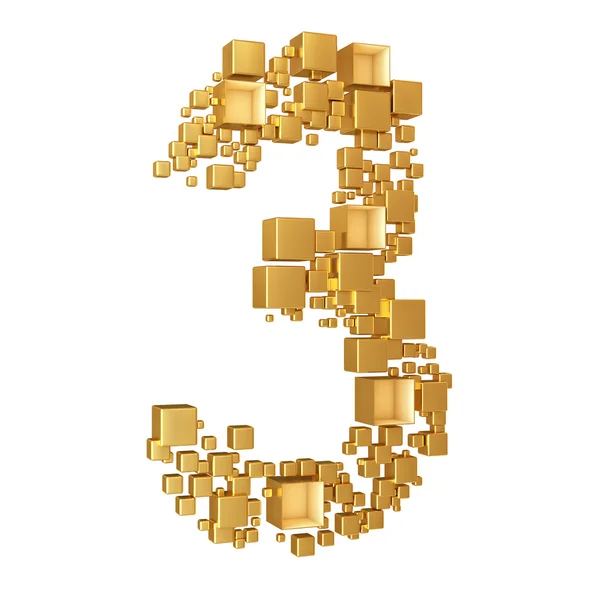 Número tres hecho de cubos de oro aislados sobre fondo blanco — Foto de Stock