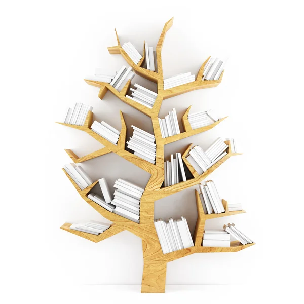 Tree of Knowledge, Wooden Shelf with White Books Isolated on White Background — Stock Photo, Image