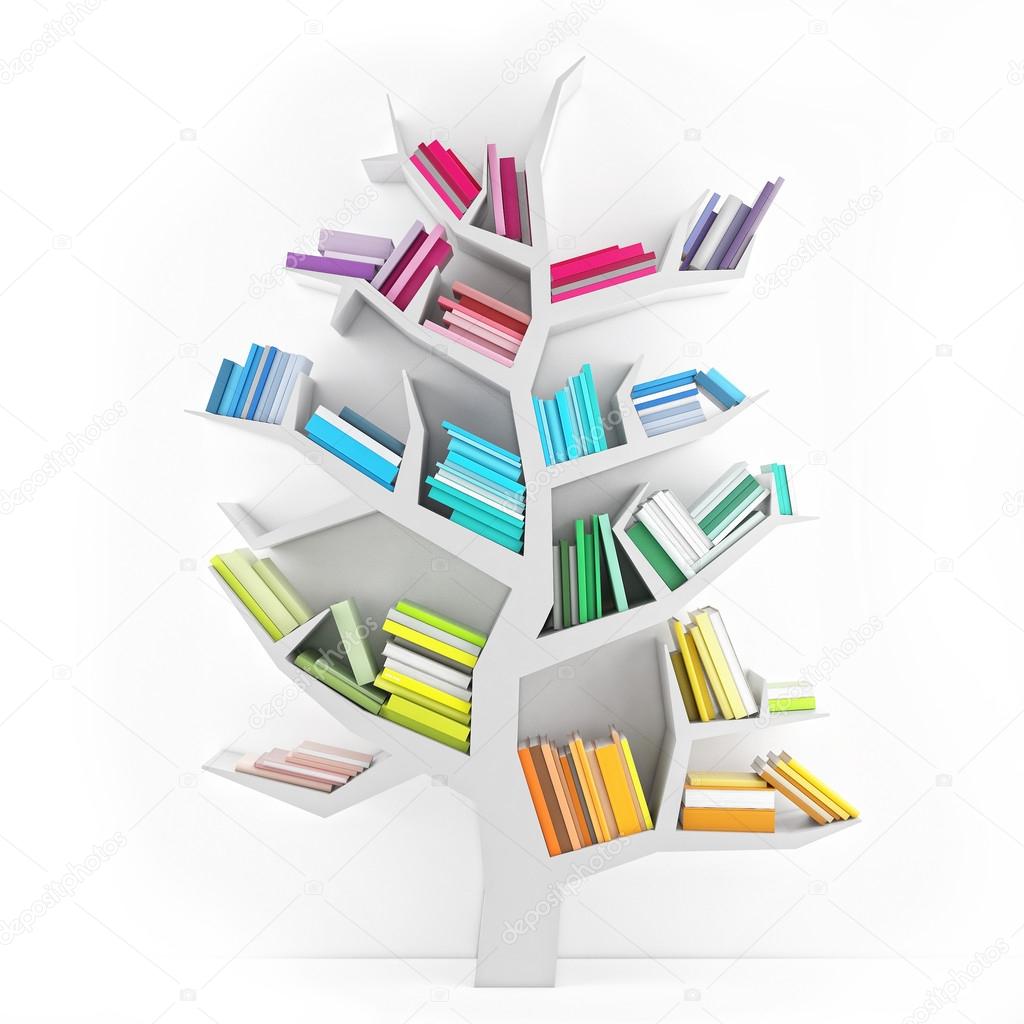 Tree of Knowledge, White Shelf with Multicolor Books Isolated on White Background