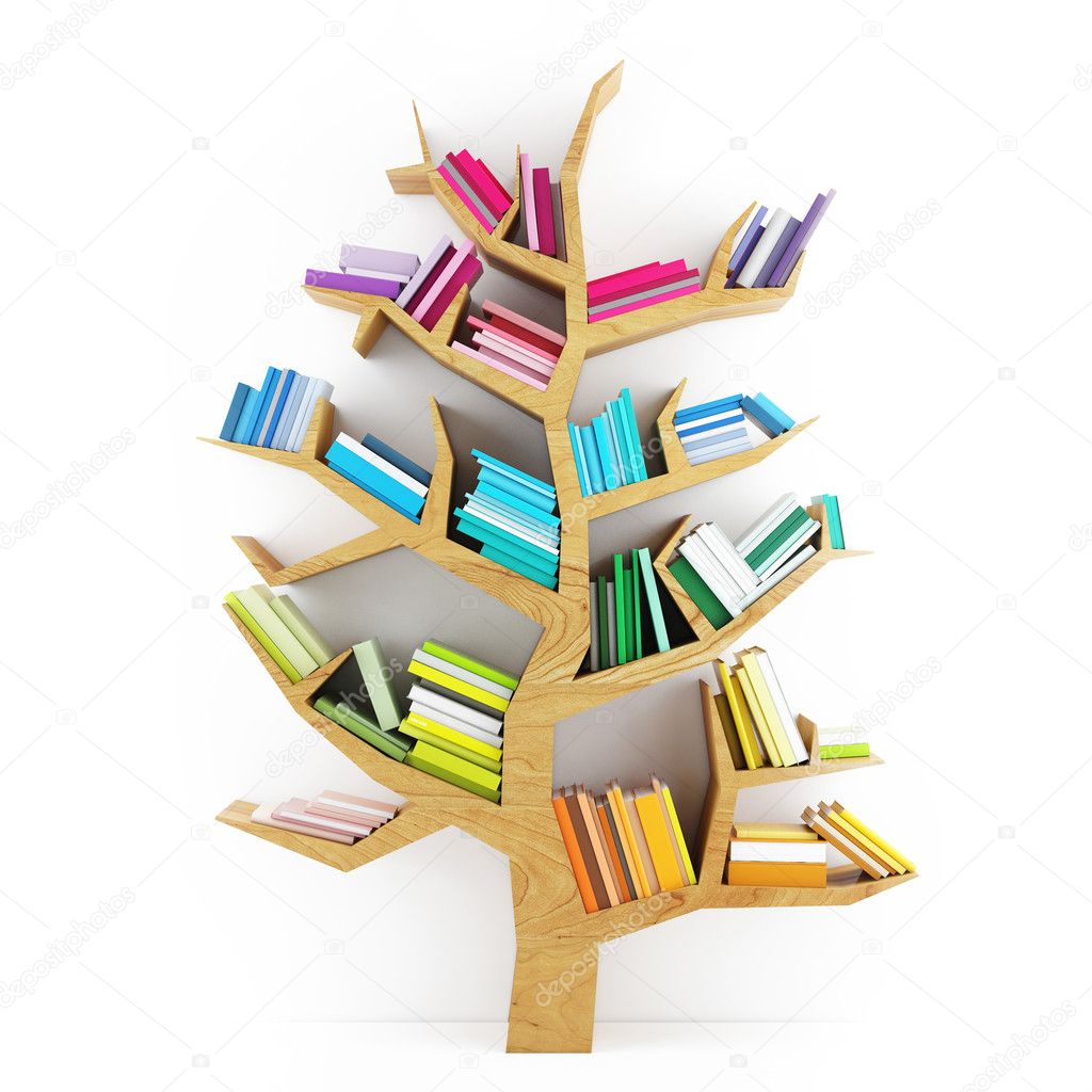 Tree of Knowledge, Wooden Shelf with Multicolor Books Isolated on White Background