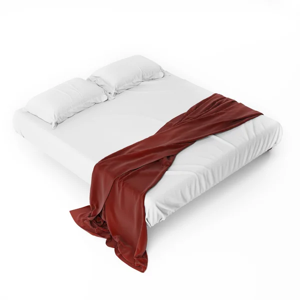 Cama Branca com Capa Vermelha Isolada em Branco, Render — Fotografia de Stock