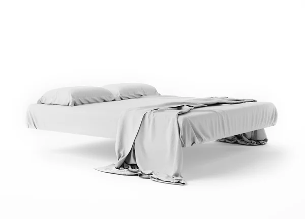 Levitar a cama branca no espaço vazio isolado no branco, renderizar — Fotografia de Stock