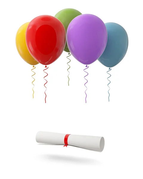 Diploma tied with red ribbon hanging on Red Balloons, Isolated on White Background — Stock Photo, Image