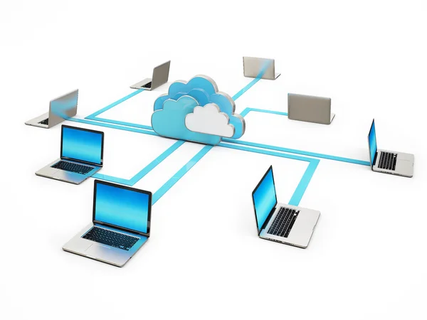 Comunicazione astratta cloud, connessione del computer portatile isolata su sfondo bianco — Foto Stock