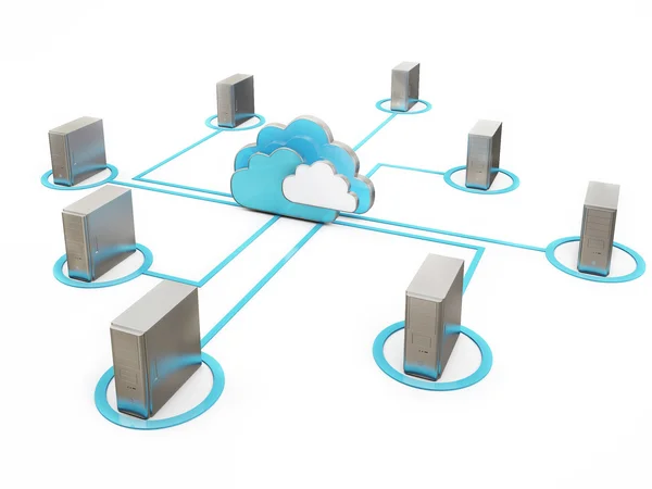 Comunicação abstrata em nuvem, conexão de desktop isolada em fundo branco — Fotografia de Stock