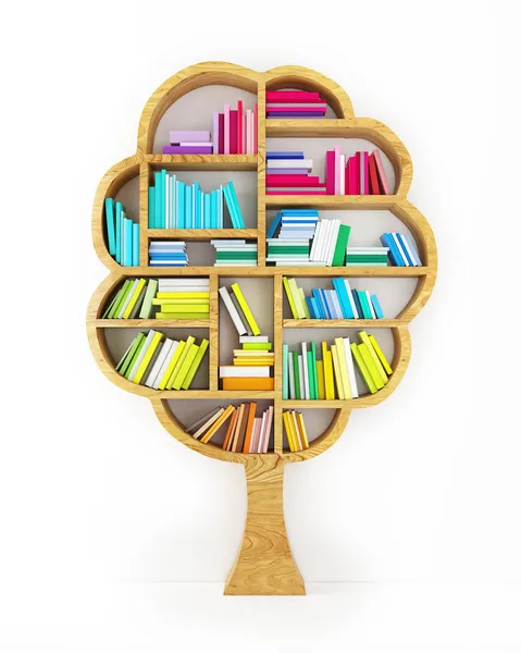 Tree of Knowledge, Wooden Shelf with Multicolor Books Isolated on White Background — Stock Photo, Image