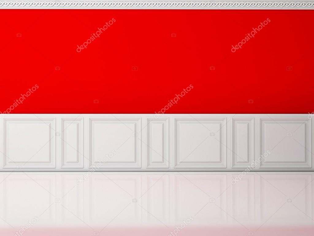 Red wall in a classic style and reflection white floor