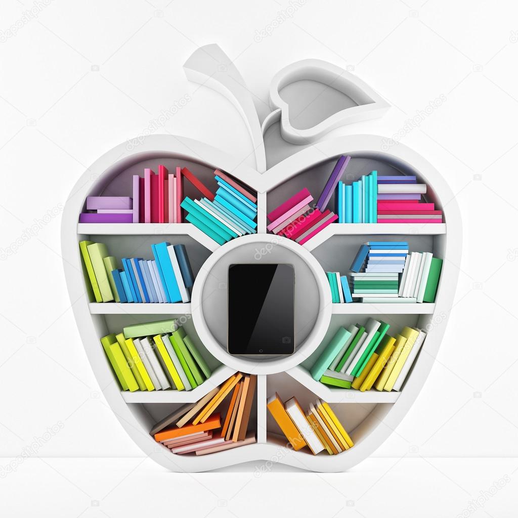 Apple of Knowledge, White Shelf with Multicolor Books Isolated on White