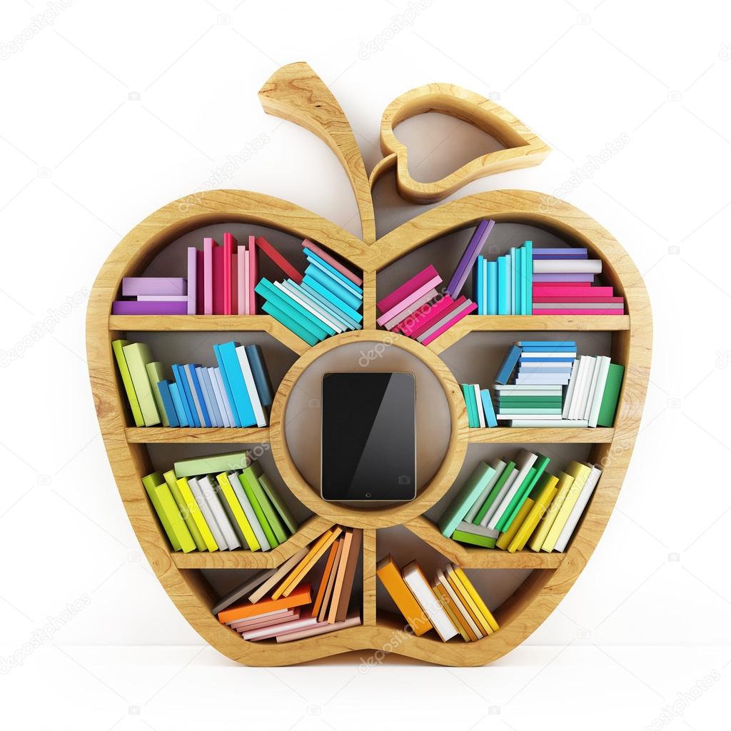 Apple of Knowledge, Wooden Shelf with Multicolor Books Isolated on White Background Tablet inside Shelf