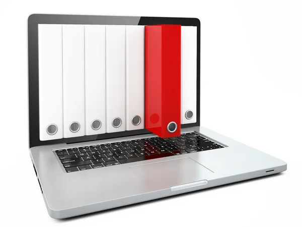 Concetto con laptop e raccoglitori isolati su sfondo bianco Red Database — Foto Stock