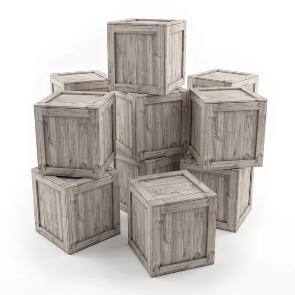 Caixas de madeira isoladas sobre fundo branco — Fotografia de Stock