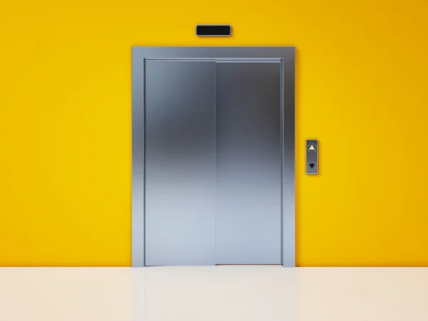 Elevador moderno com porta fechada na parede amarela — Fotografia de Stock