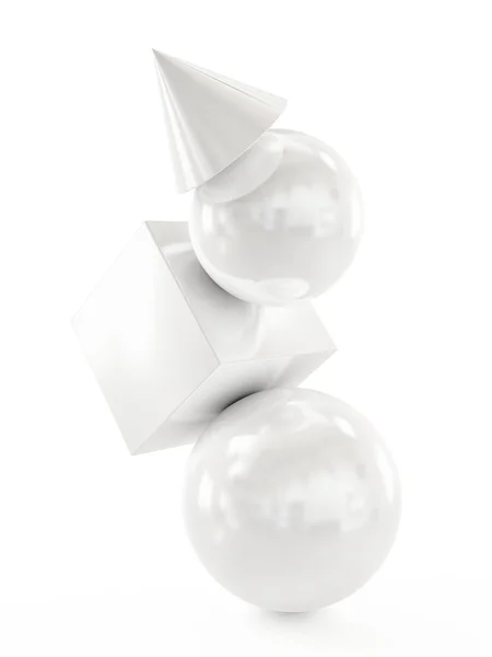 白色背景上的抽象几何组成。球、 多维数据集和锥反射 — 图库照片