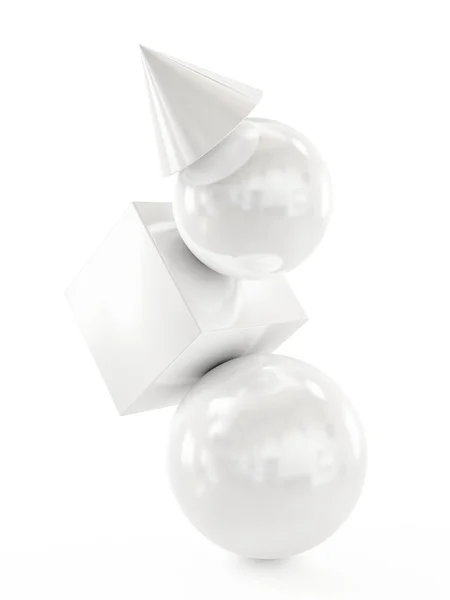 Abstract Geometrical Composition on White Background. Sphere, Cube and Cone Reflective — Stock Photo, Image