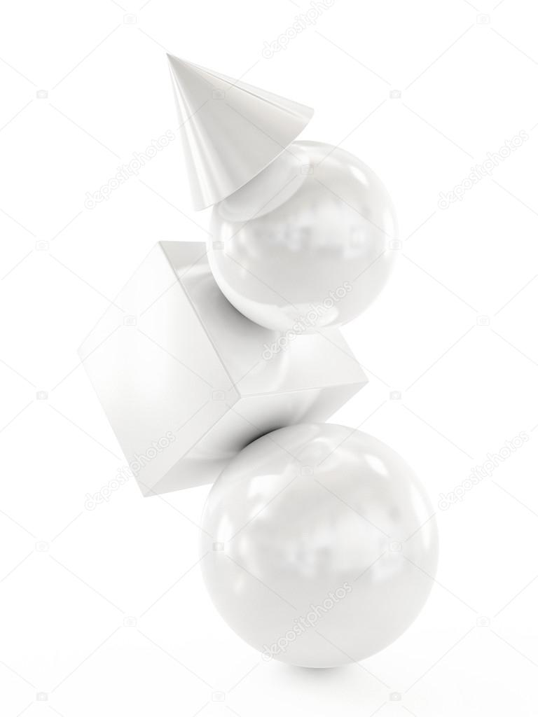 Abstract Geometrical Composition on White Background. Sphere, Cube and Cone Reflective