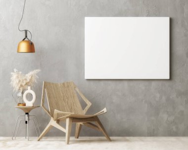 Model poster, oturma odasının içi, İskandinav tarzı 3D resim.