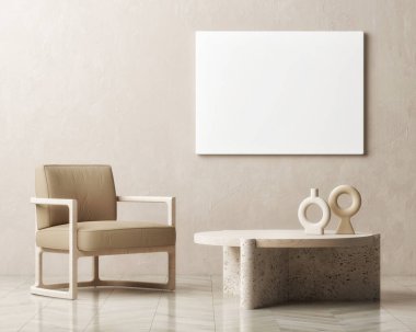 Sunum için maket posterli oturma odası, 3D illüstrasyon.