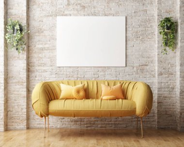 Model poster, sarı kanepe, ve oturma odasının arka planında eski bir tuğla duvar, 3D resim