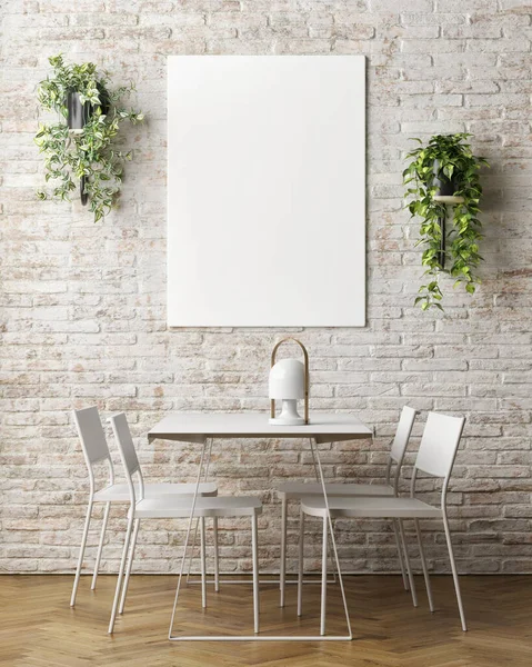 Sala Pranzo Con Poster Modellato Muro Mattoni Rendering Illustrazione — Foto Stock