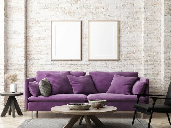 Living Room Purple Sofa Black Modern Armchair Home Decoration Mock — Stock Photo, Image