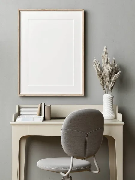 带有产品演示海报的家庭工作场所 灰色灰泥墙背景前的现代桌子 椅子和装饰 3D插图 — 图库照片