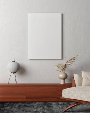 Sunum için maket poster, ahşap çekmece, ve gri alçı duvarın önünde ev dekorasyonu, 3D resim.