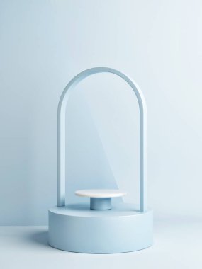 Ürün sunumu için minimum açık mavi podyum. Mavi sahne arkaplanı, 3d illüstrasyon.
