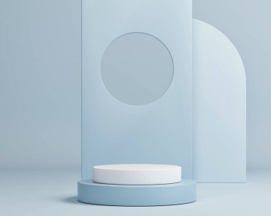Ürün sunumu için podyum minimum geometrisi, mavi arkaplan, 3d illüstrasyon.