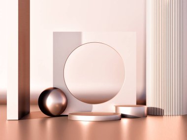 Golden-Pink ürün sunumu için geometrik podyum hazırlıyor, 3d illüstrasyon.