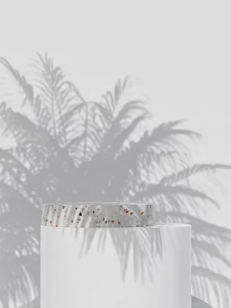 白地の旗の上にポディウムとヤシの葉の影 化粧品製品プレゼンテーション プロモーション販売コピースペースホワイト台座の背景のための空のショーケース 3Dイラスト — ストック写真