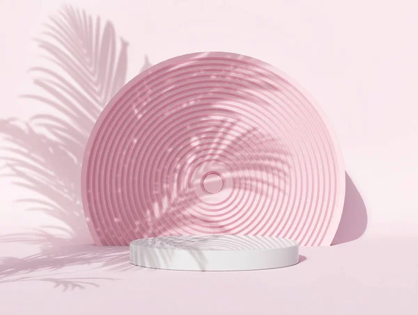 Finto Podio Presentazione Del Prodotto Sfondo Colore Rosa Ombra Foglia — Foto Stock