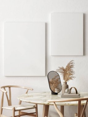 Modern yemek odasındaki posterin modelini yapın. İç tasarımı beyaz boş duvar, 3D resim, 3D resim.
