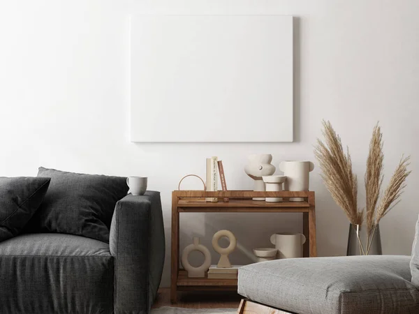 Living Room Mock Poster Presentation Scandinavian Interior Design Render Illustration — Stock Photo, Image