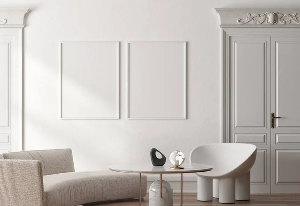 Modern Klassisk Vit Interiör Med Två Mock Affischer Möbler Och — Stockfoto