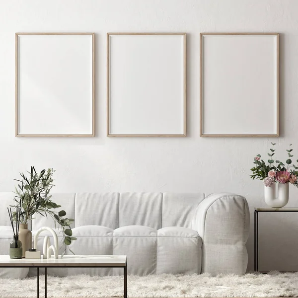 Tři Maketové Plakáty Obývacím Pokoji Interiér Maketový Design Pro Prezentaci — Stock fotografie