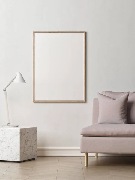 Interior Poster Mock Metal Frames Pink Sofa Living Room White — Stok fotoğraf