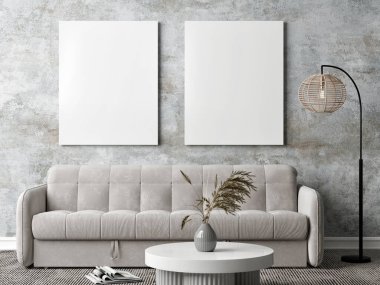 Contemporary classic  beige interior with furniture and mock up poster. Concrete wall background. 3d render illustration.